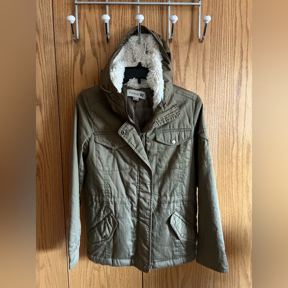 Forever 21 Women’s Green Jacket with Fur-Lined Hood